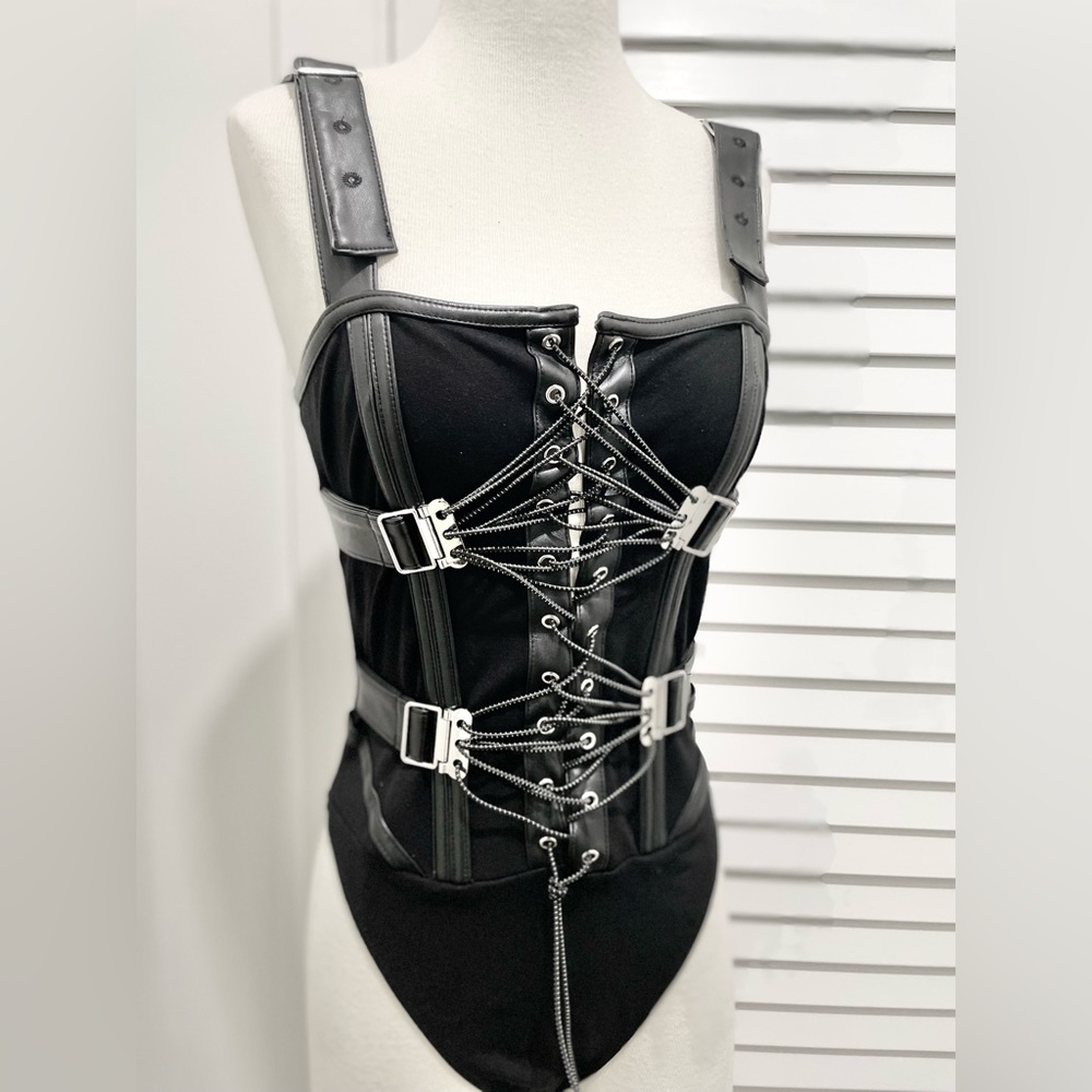 Maniere de Voir black reflective bungee corset lace bodysuit